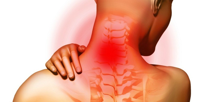 Back-pain located in the neck area. Digital illustration.